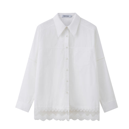 DIDDI MODA Lace Trimmed Relaxed Cotton Shirt With Floral Hem Detail