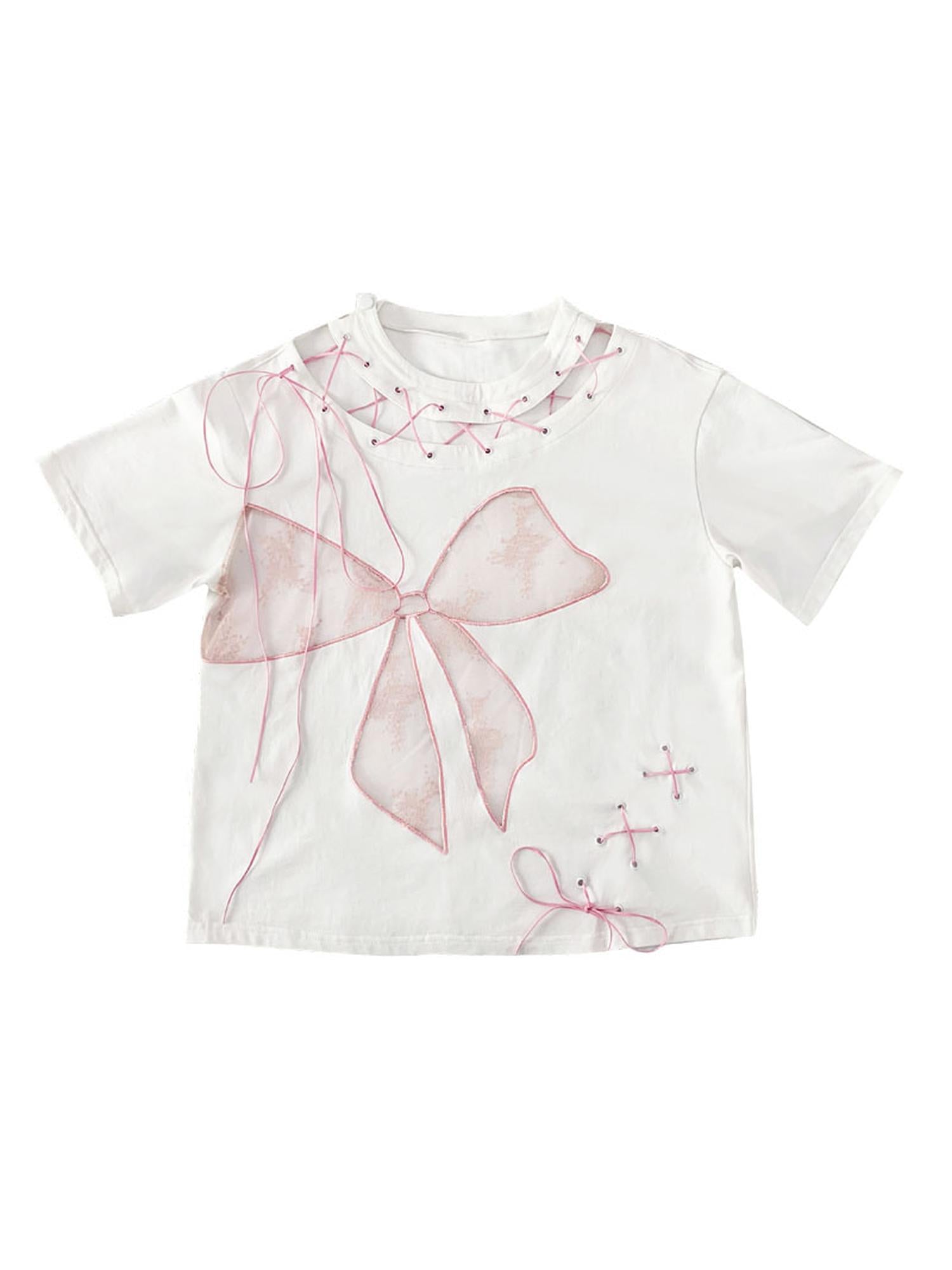 WSW WUSHENWU Cloud Hidden Cherry Blossom Lace Bow Cutout Strap Tee