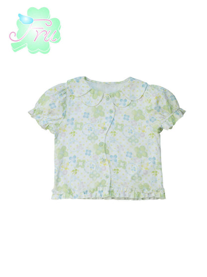 Frufru Gulu Summer Clover Print Cotton Shirt For Girls White Loose Fit