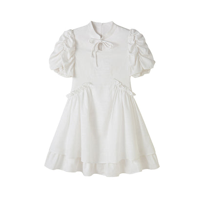 DIDDI MODA Elegant Qipao Bubble Sleeve Dress With Floral Jacquard And Ruffles