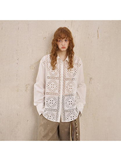DIDDI MODA Floral Lace Trim White Blouse
