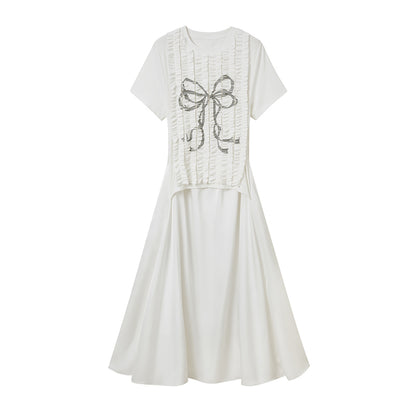 DIDDI MODA Deconstructed Bow Pleat Print Tee Dress