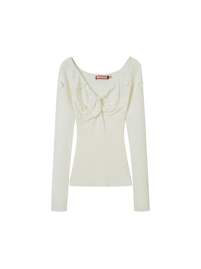 V-Neck 3D Hand-Knit Embroidered Sweater