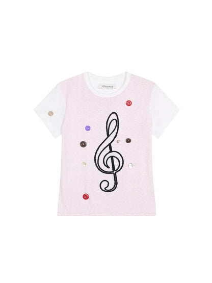 Achihara Music Button Embroidered Tc Fabric Short Sleeve T-Shirt
