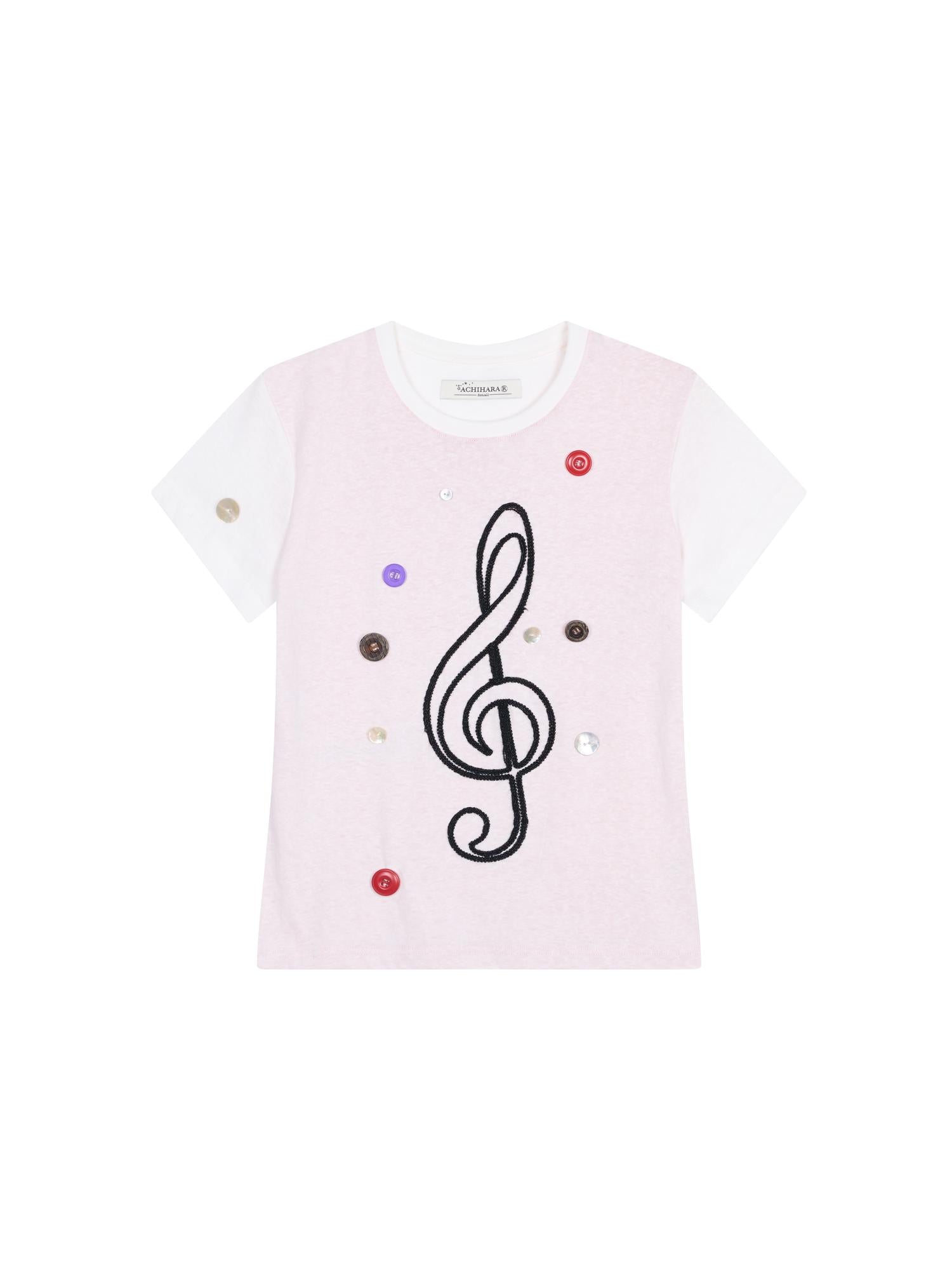 Achihara Music Button Embroidered Tc Fabric Short Sleeve T-Shirt