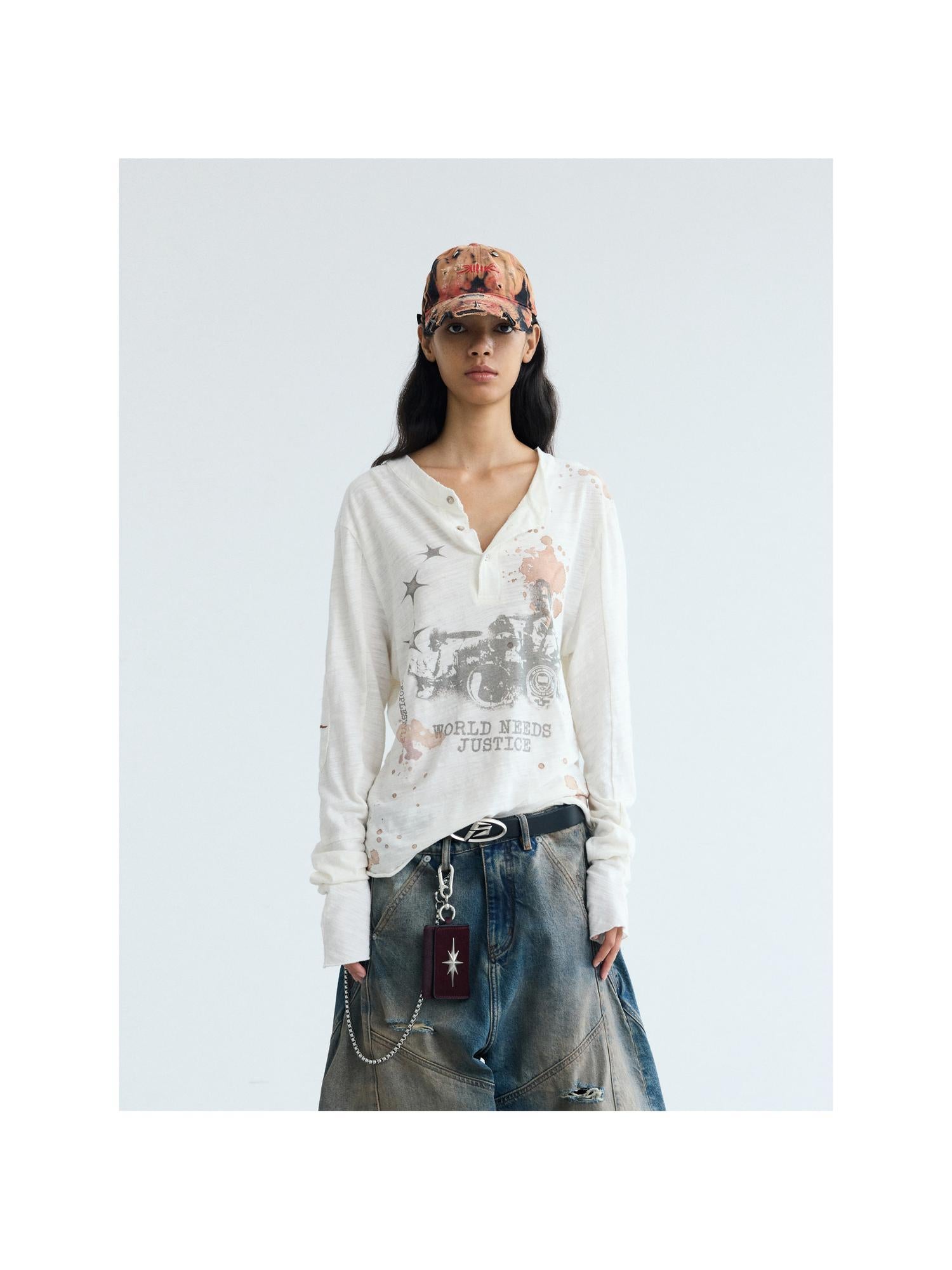 Peoplesense Retro White Ink Print Washed Loose Fit Long Sleeve Tee
