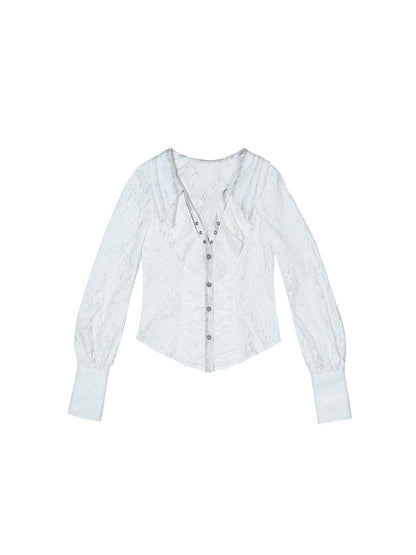 ARIADNAw Lace Trim Double Layer Neck Hollow Out Punk Romantic Vintage Blouse