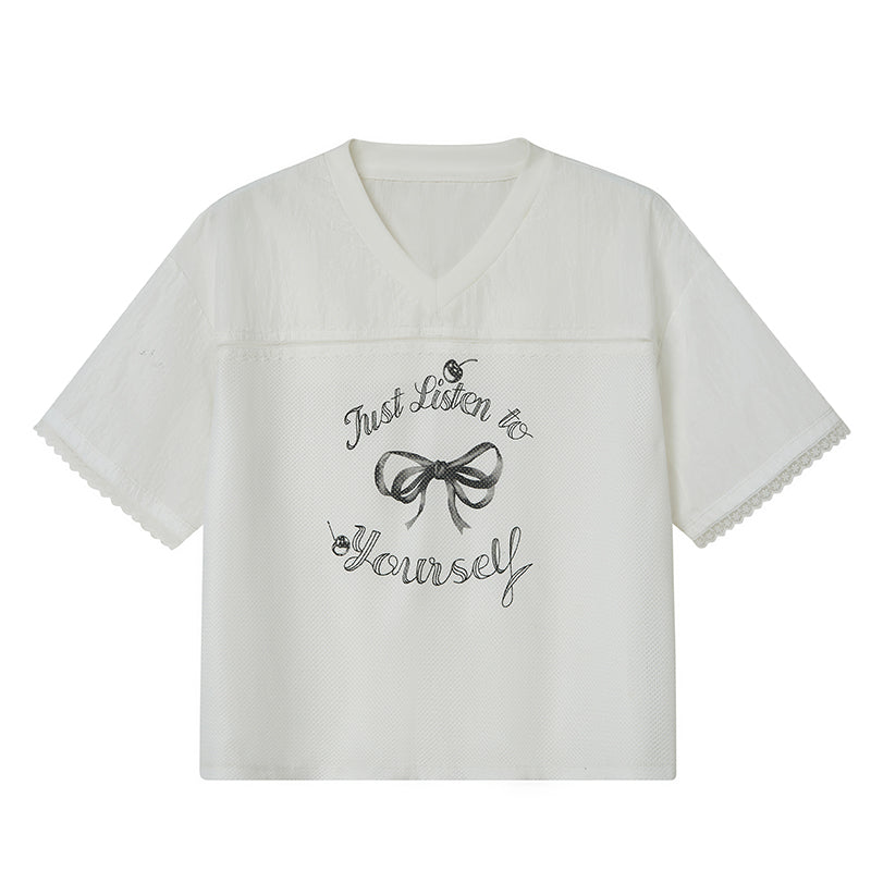 DIDDI MODA Sporty V Neck Cherry Bow Print Mesh Tee