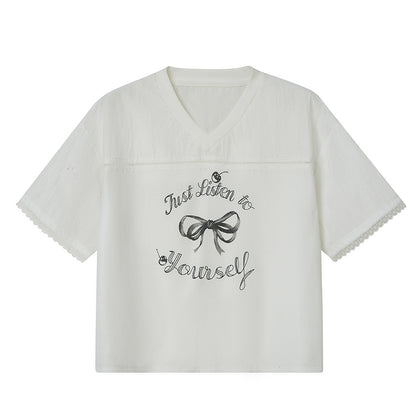 DIDDI MODA Sporty V Neck Cherry Bow Print Mesh Tee