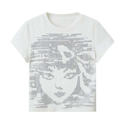DIDDI MODA Sparkling Abstract Face Crop Tee With Rhinestones