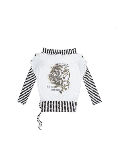 Punk Y2k Cross Print Stripe Spliced Long Sleeve Sport Shirt