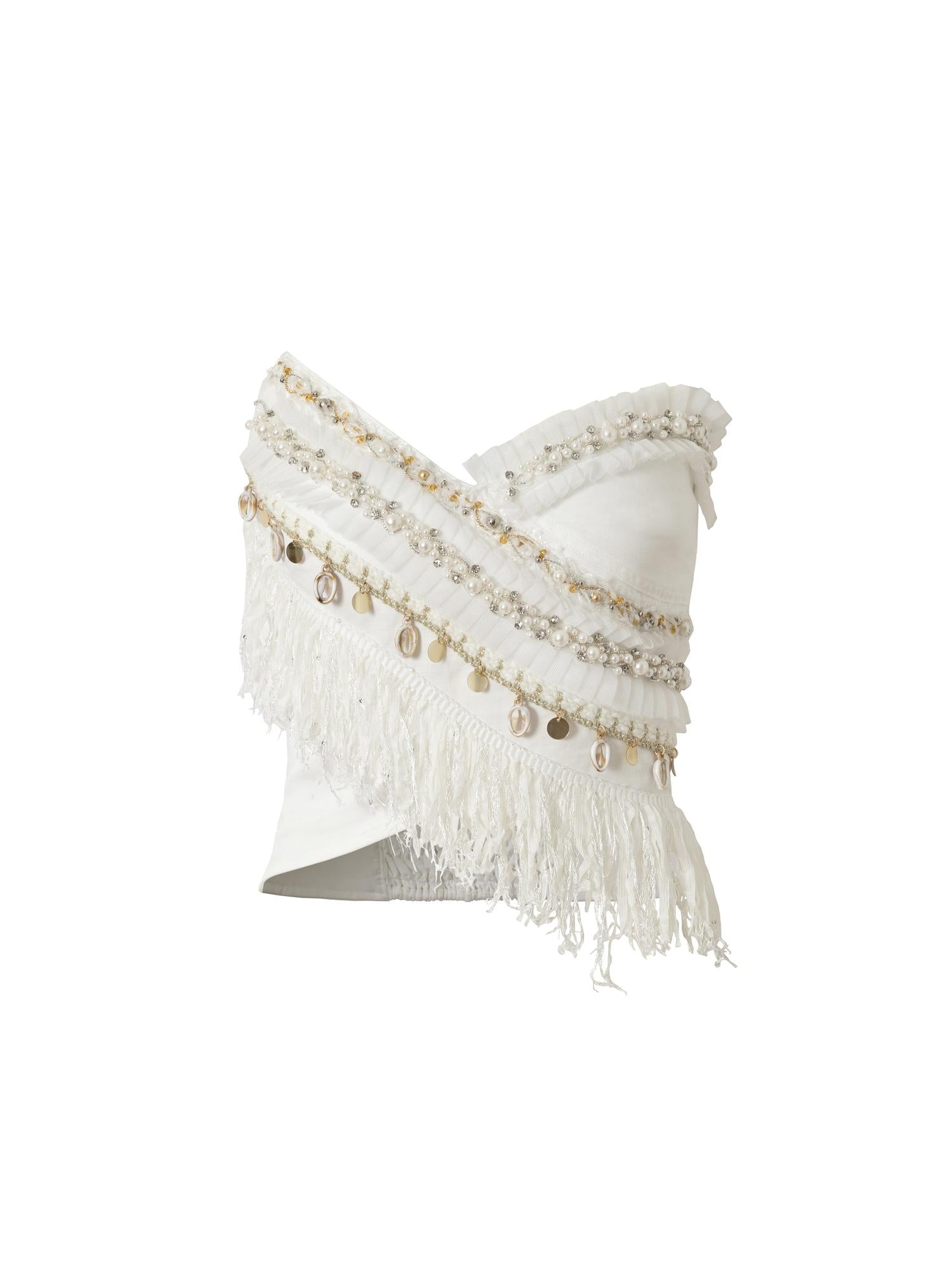NO ROMANCE Cropped Bustier Top With Tassels &amp; Lace Trim For Women