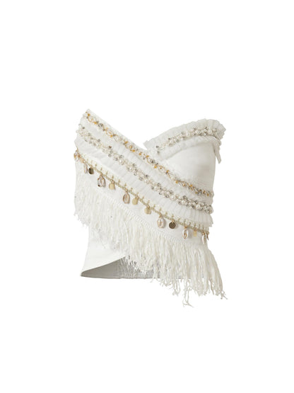 NO ROMANCE Cropped Bustier Top With Tassels &amp; Lace Trim For Women