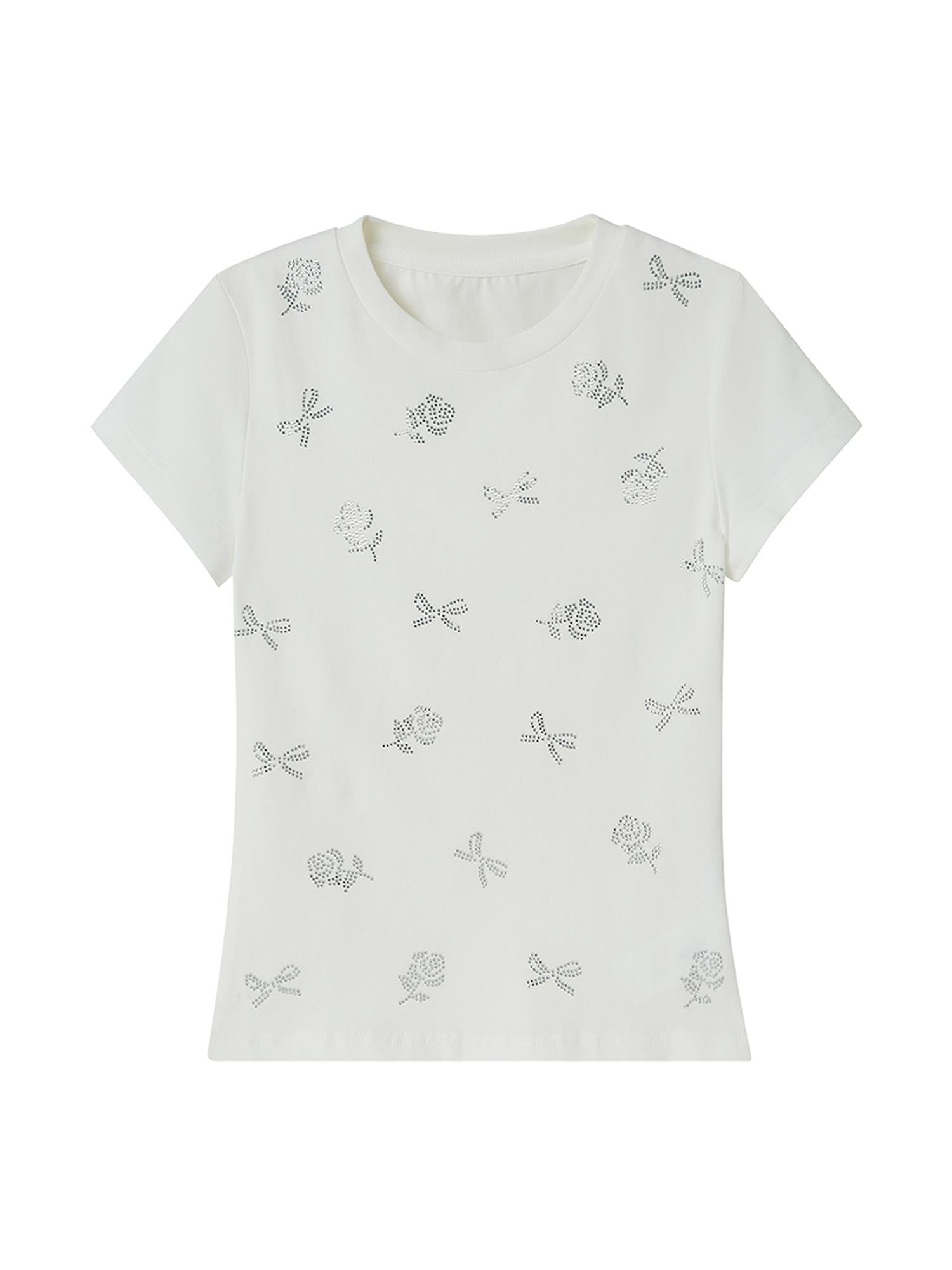 DIDDI MODA Floral Crystal Bow Slim Fit Tee
