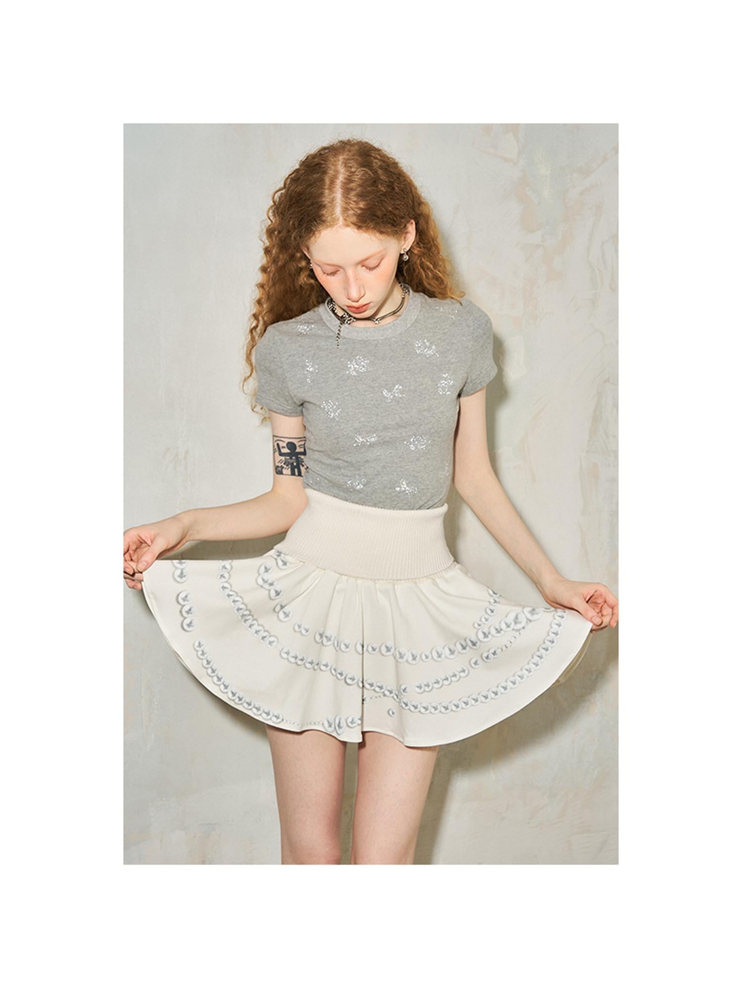 DIDDI MODA Pearl Necklace Print Knitted Pleated Skirt