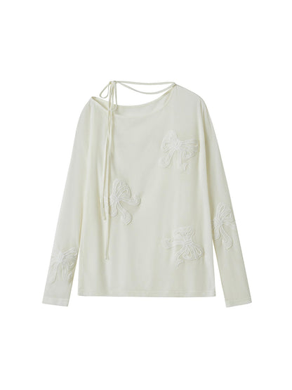 Lazy Off Shoulder Bow Cutout Embroidered Blouse
