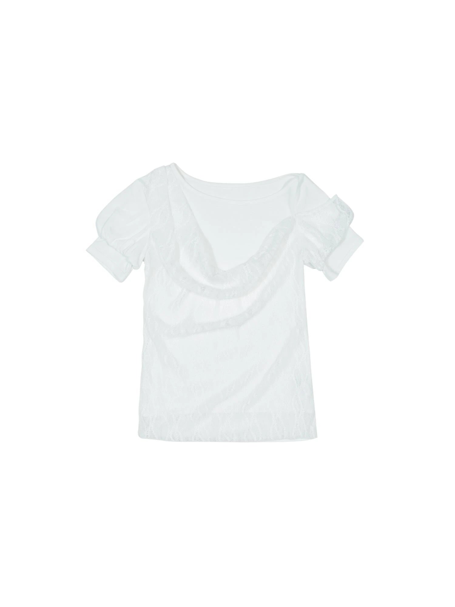 Summer Lace Trim Peplum Tee With Puff Sleeves