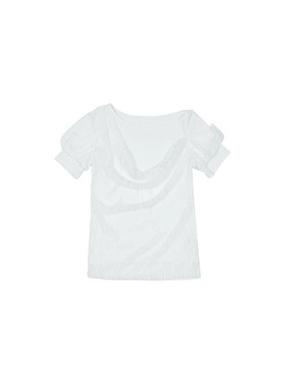 Summer Lace Trim Peplum Tee With Puff Sleeves