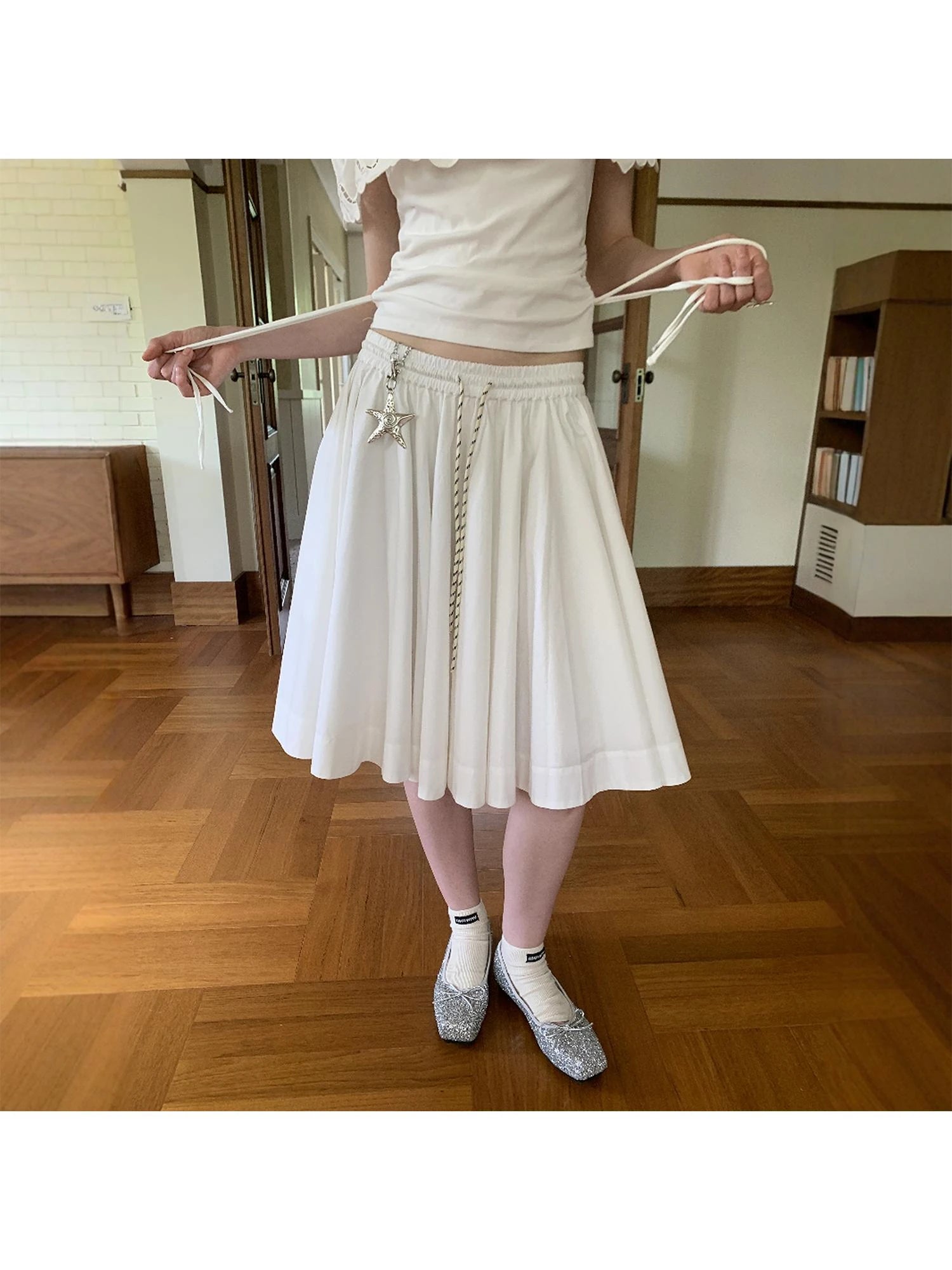 Elegant Drawstring A Line Sun Skirt In Cotton Blend