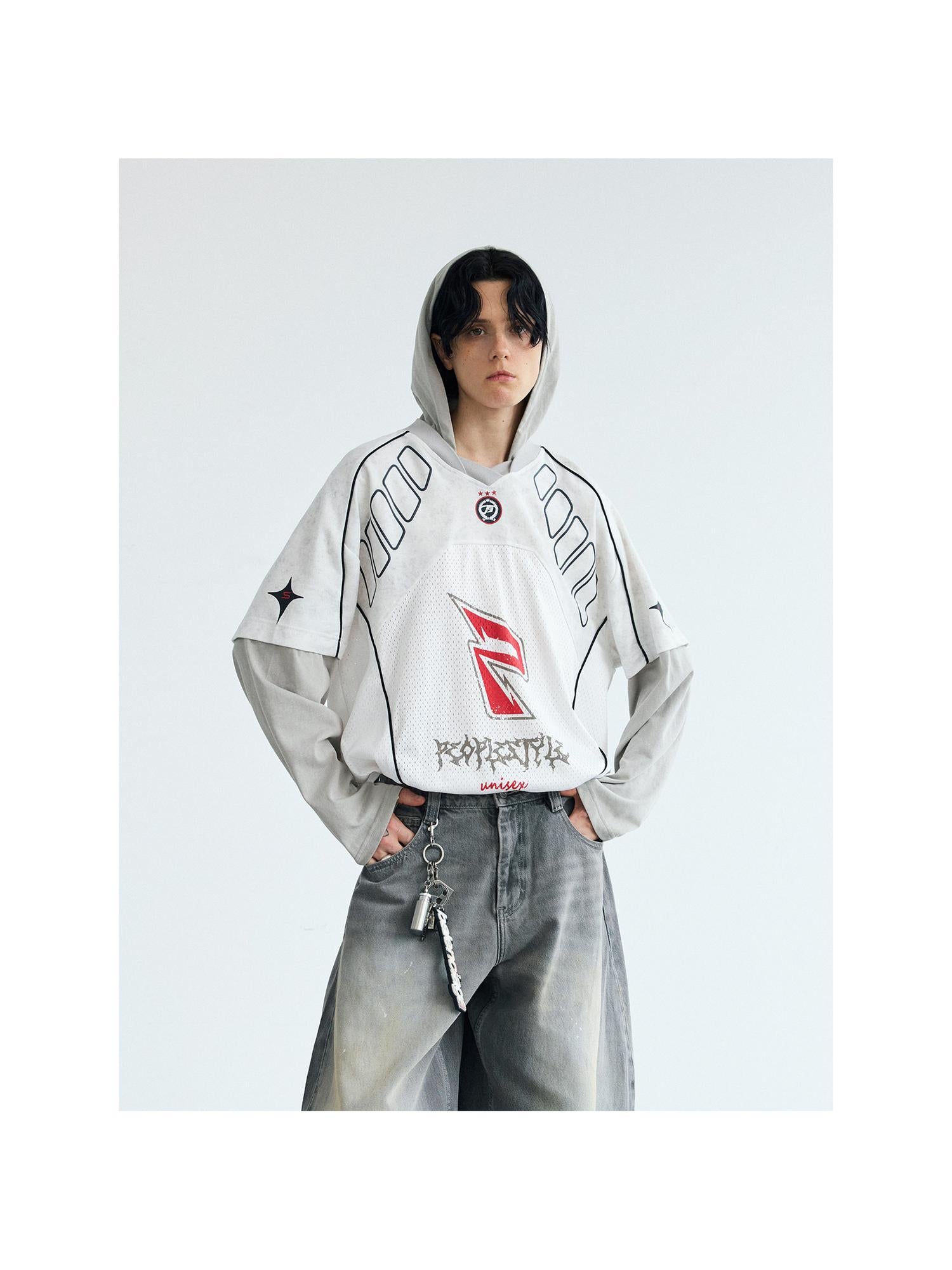 Peoplesense Racing Stitch Quick Dry Fake Two Piece Hooded Sport Tee