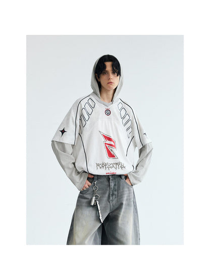 Peoplesense Racing Stitch Quick Dry Fake Two Piece Hooded Sport Tee