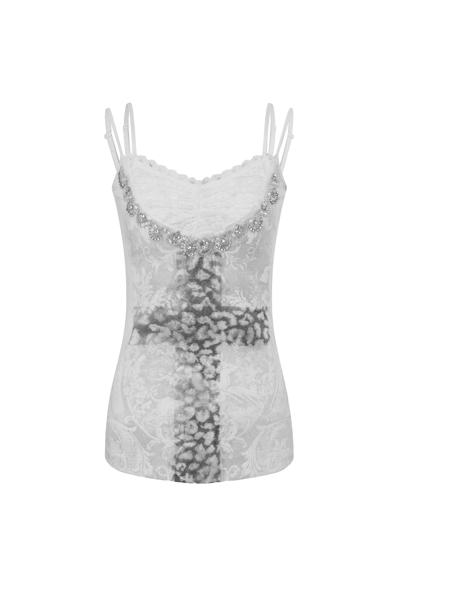 Lace Knit Cross Print Cami Top With Rhinestones Women Fashion Tops