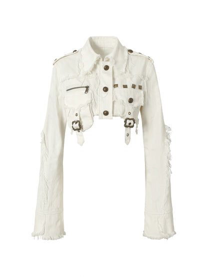 Street Punk Distressed Washed Cropped Striped Jacket Spring Coat