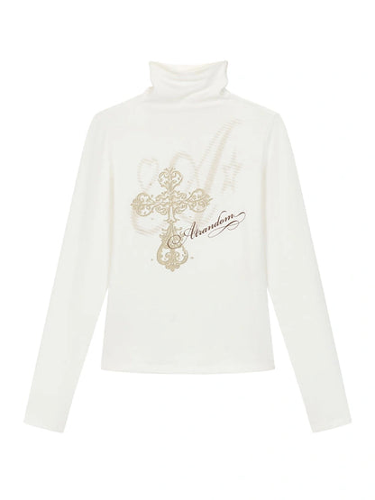 Winter First Snow Print Slim High Neck Long Sleeve T-Shirt