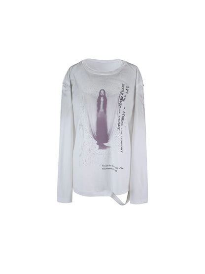Vintage Distressed Print Basic Round Neck Long Sleeve T-Shirt