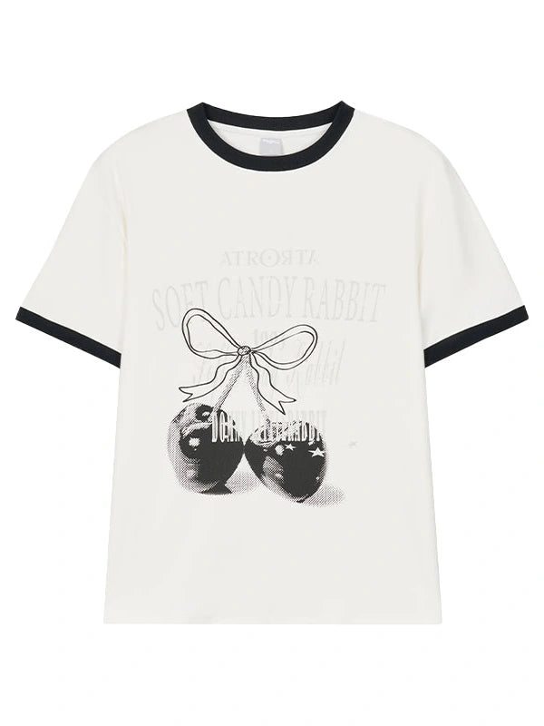 Summer Loose Cherry Print Tee With Color Trim Casual T-Shirt