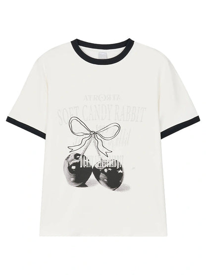 Summer Loose Cherry Print Tee With Color Trim Casual T-Shirt