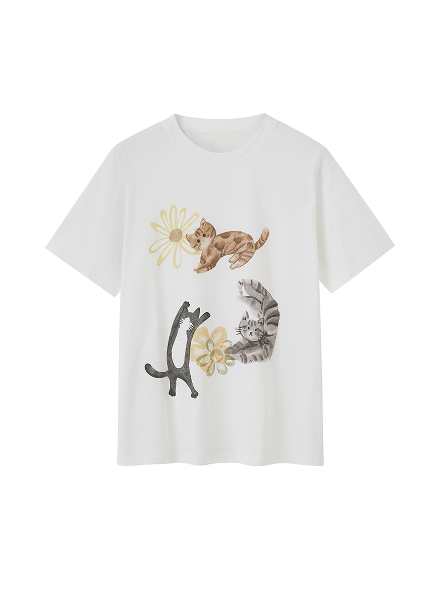 DIDDI MODA Floral Pup Print Tee Overshirt Denim Set