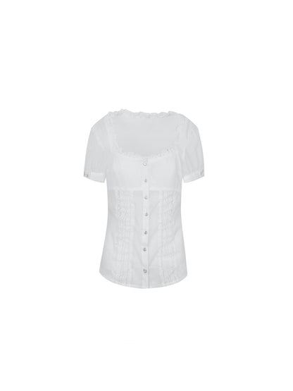 DoublePunch Vintage Lace Trim Princess Sleeve Blouse With Square Neck