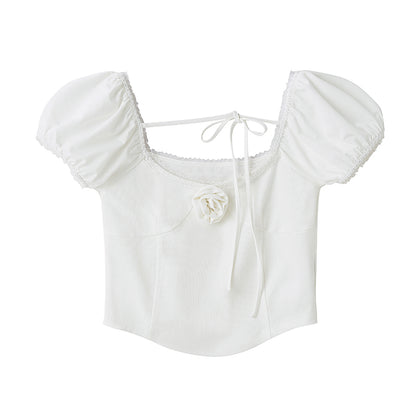 DIDDI MODA Rose Pure Knit Top With Puff Sleeves And Square Neck