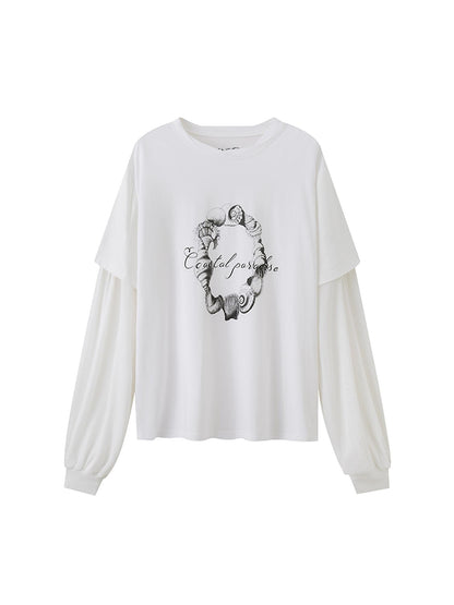 DIDDI MODA Ocean Shell Print Layered Loose Long Sleeve Tee