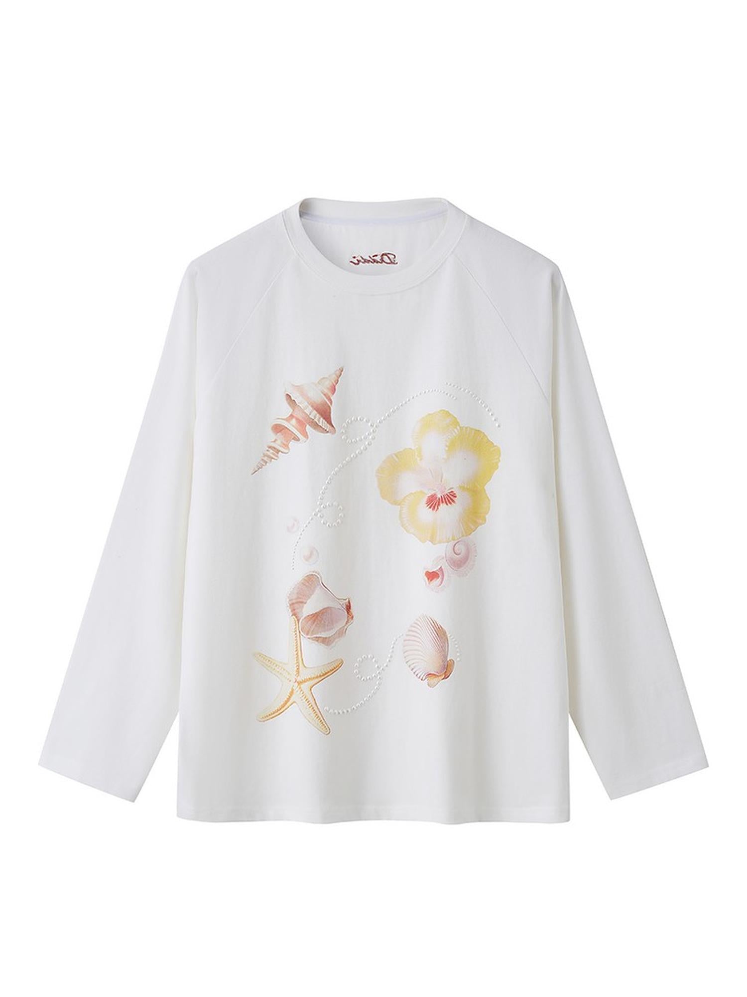DIDDI MODA Floral Shell Pearl Print Long Sleeve Tee