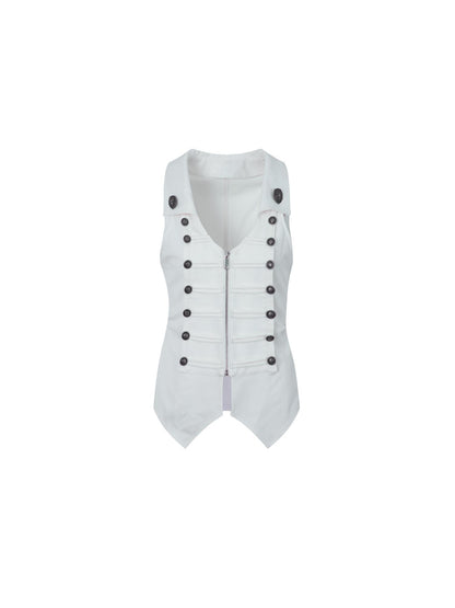 DoublePunch Vintage Metal Button Zip Vest For Women Slim Waist Vests