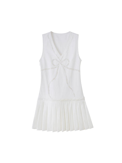 DIDDI MODA Elegant V Neck Lace Bow Ruffle Knit Dress