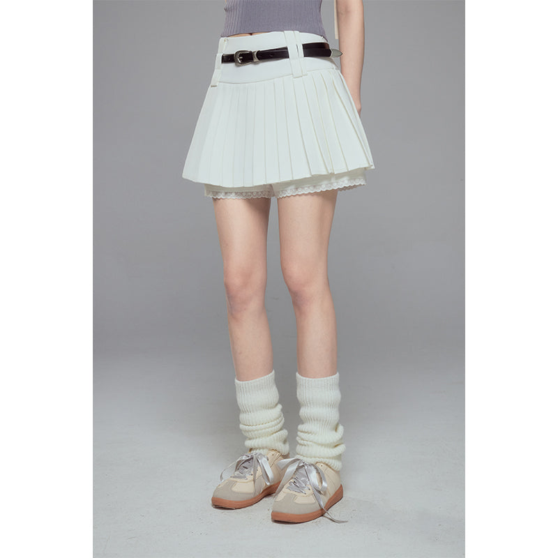 DIDDI MODA Elegant High Waisted Flared Skort With Lace Trim