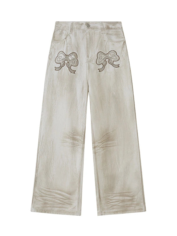 Vintage Bow Patchwork Distressed Jeans