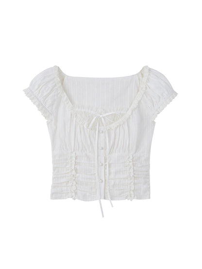 DIDDI MODA French Cotton Lace Trim Ruffled Fit Short Sleeve Blouse