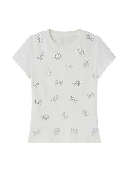 DIDDI MODA Floral Crystal Bow Slim Fit Tee