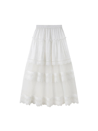 DIDDI MODA Floral Lace Layered Ankle Skirt With Sheer Mesh Trim
