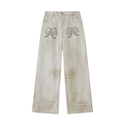 DIDDI MODA Vintage Bow Patchwork Distressed Jeans