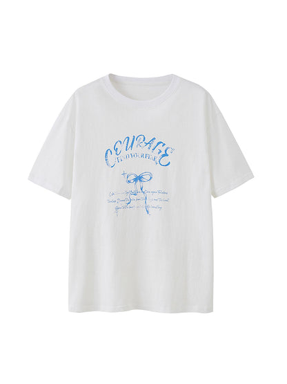 DIDDI MODA Courage Bow Print Tee Vintage Lettering Feminine Chic