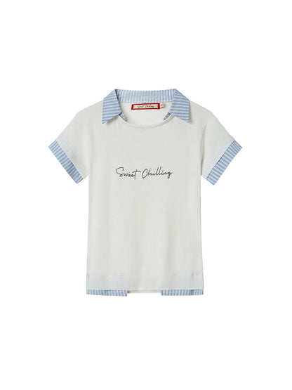 SweetChilling Cool Knit Fake Two-Layer Shirt With Ice Silk &amp; Rhinestone T-Shirt