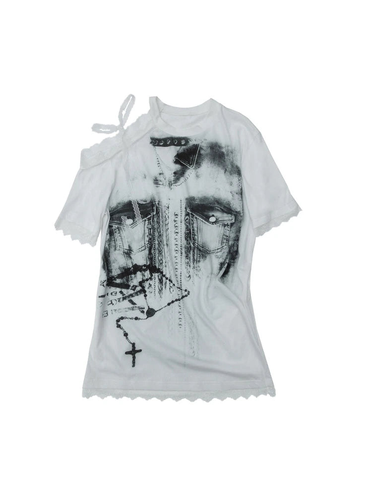 Oversized Off Shoulder Lace Print Summer T-Shirt Women