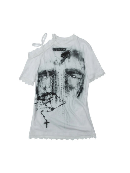 Oversized Off Shoulder Lace Print Summer T-Shirt Women