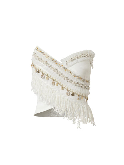 NO ROMANCE Cropped Bustier Top With Tassels &amp; Lace Trim For Women