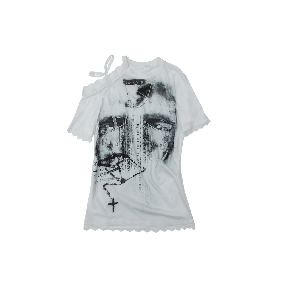 NO ROMANCE Oversized Off Shoulder Lace Print Summer T-Shirt Women